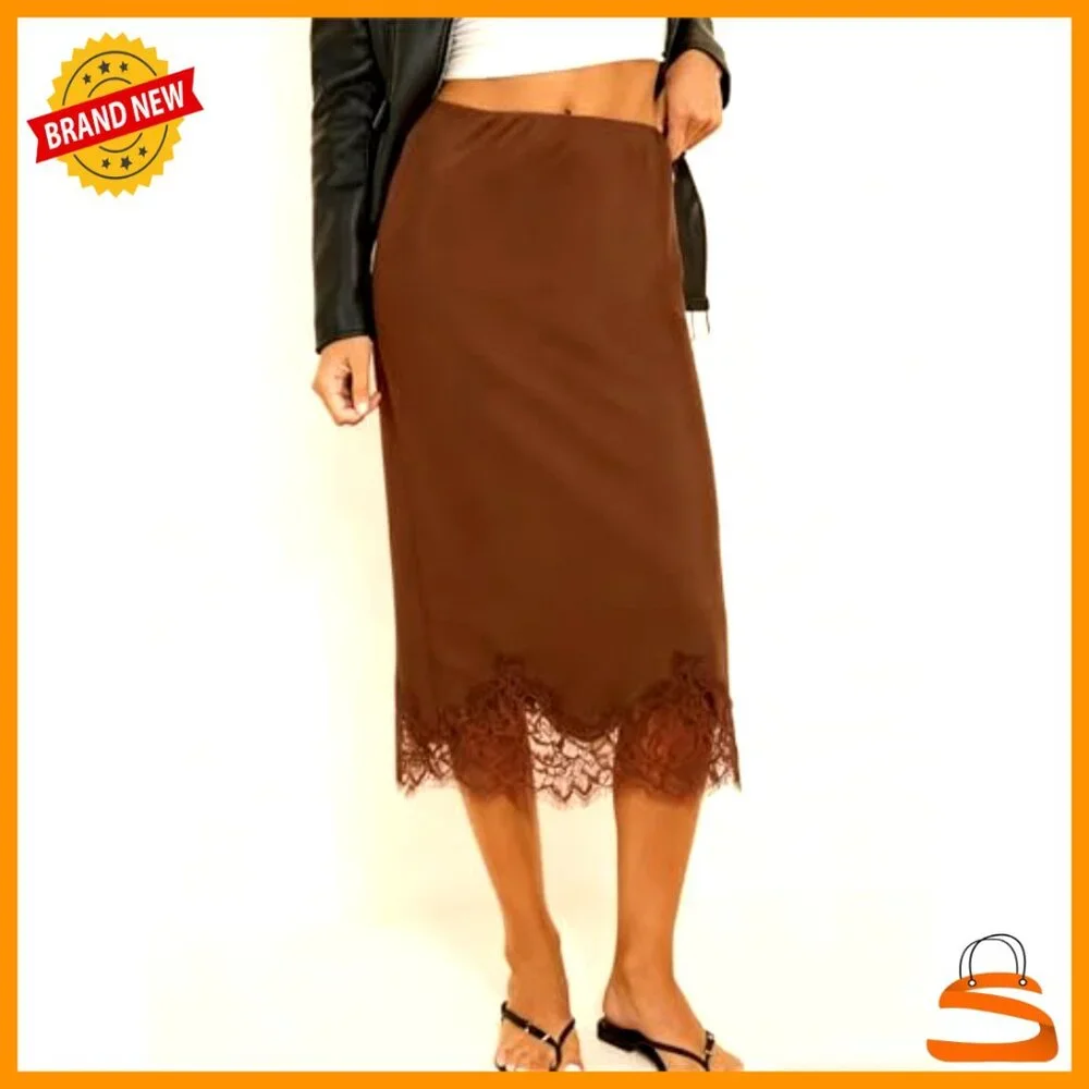 Satin Lace Trim Midi Skirt Flowy A-Line Elastic Waist Y2K Elegant - Picture 2 of 3